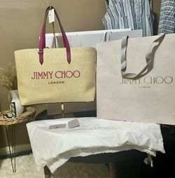 NWT Jimmy Choo Raffia Leather trimmed Magenta and Natural Tote