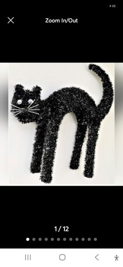 Black Tinsel Cat Figurine Arched Back Spooky Halloween Witch Decor