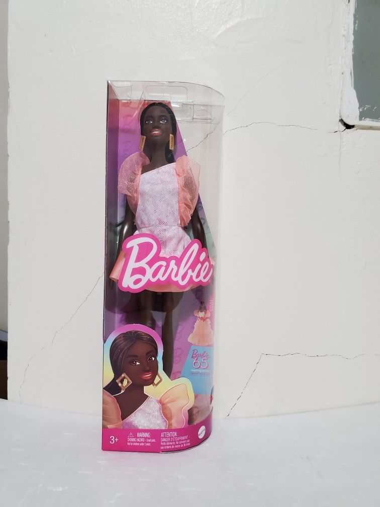 Barbie Fashionistas Doll #216 with Tall Body & Black Hair in Low Ponytail in Pink & Peach Party Dress, 65th Anniversary Collectible Toy