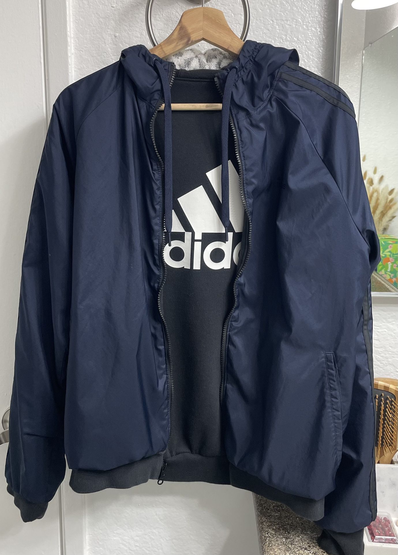 Adidas Windbreaker Jacket Reversible Men Size Small Blue And Black