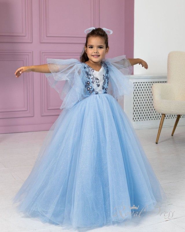 Brand New. Light Blue Puffy Flower Girls Dress. Glittered Tulle. Sleeved