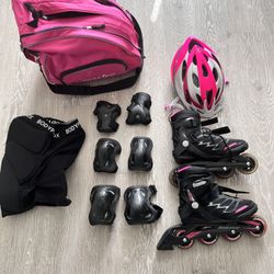 Women's size 8 inline skates. Set of protectors, wrist, elbows and knees. Safety helmet and shorts with fall protection.