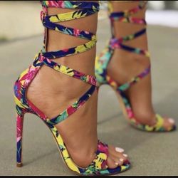 Floral Lace Up Heels