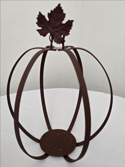 14" Metal Rustic Pumpkin Candle Holder Centerpiece Fall Leaf & Handle