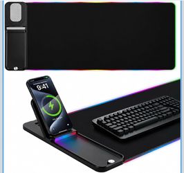 XXL RGB Mouse Pad with Wireless Charger & Foldable Phone Holder 15W fast wireless charging Desk Mat, vertical & horizontal charging, 7 RGB lighting ,
