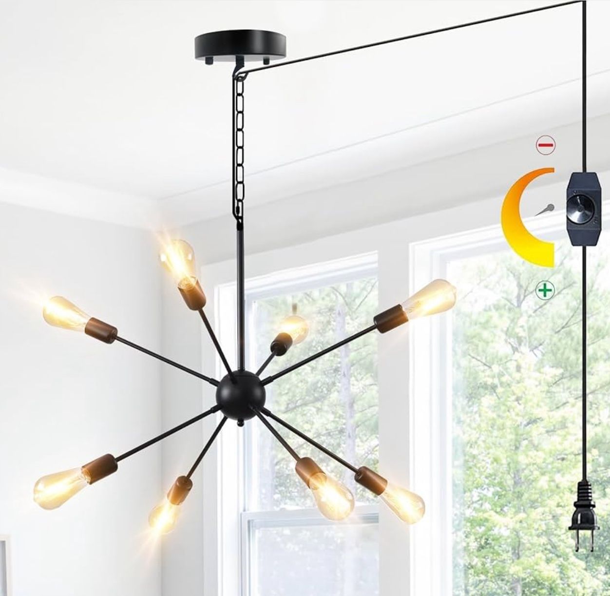 DIMMABLE Modern Sputnik Chandelier 26.3" Light Fixture, Plug in Black 8-Lights Pendant Light