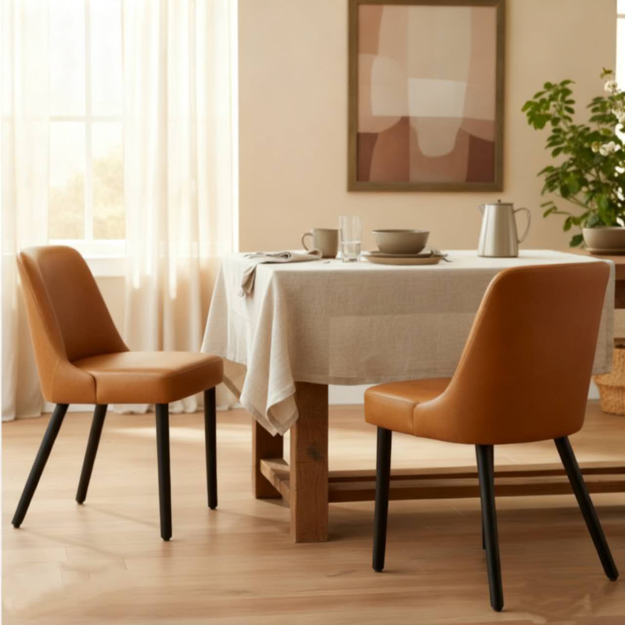 Dining Chair,Morden Wood Leg Upholstered Kitchen Chair Set of 2,PU in Brown