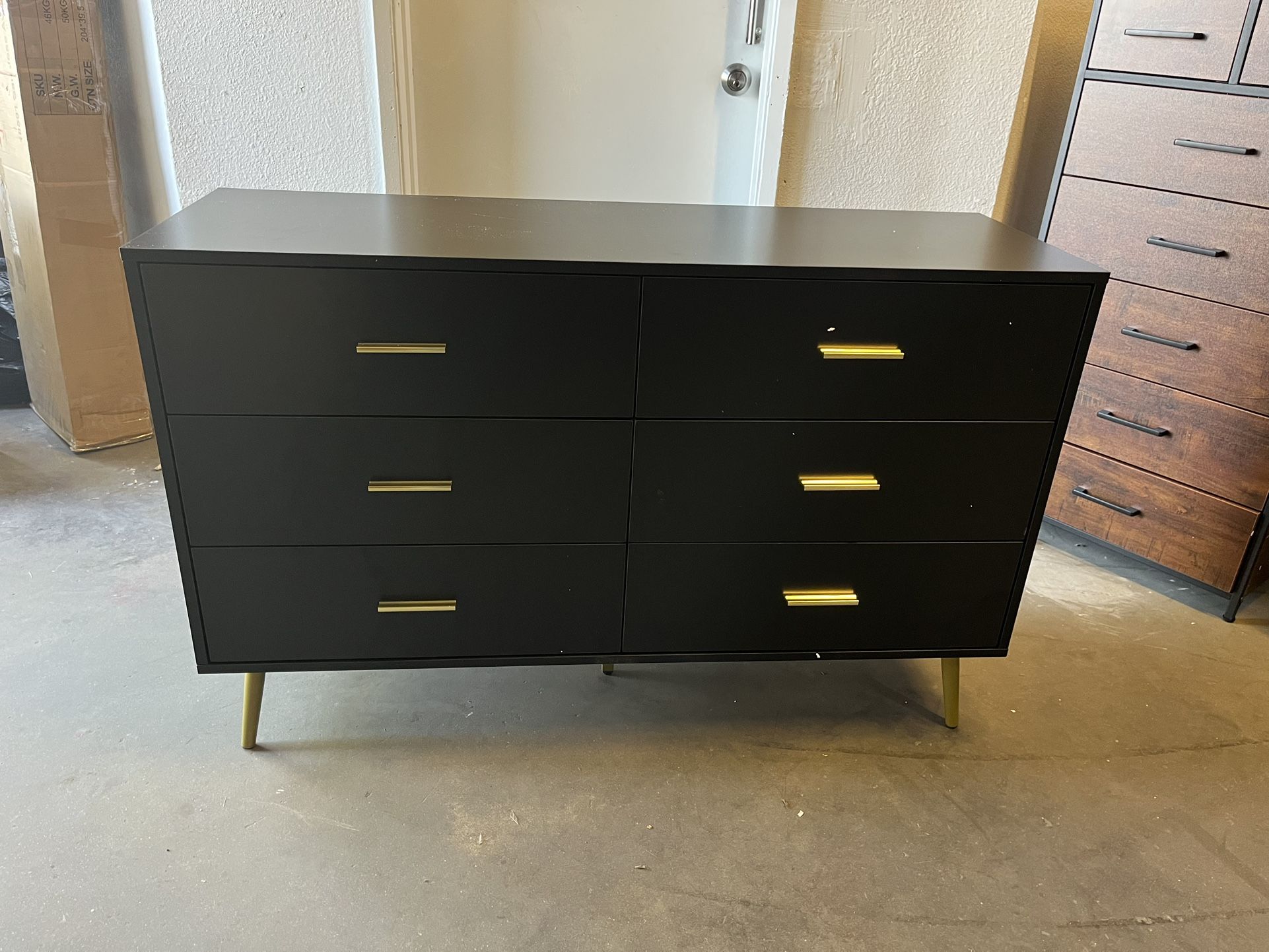 Dresser for Bedroom, 6 Drawer Wood Double Dresser with Gold Handles, Modern Chest of Organizer Storage Drawers for Living Room, Hallway, Entryway,Blac