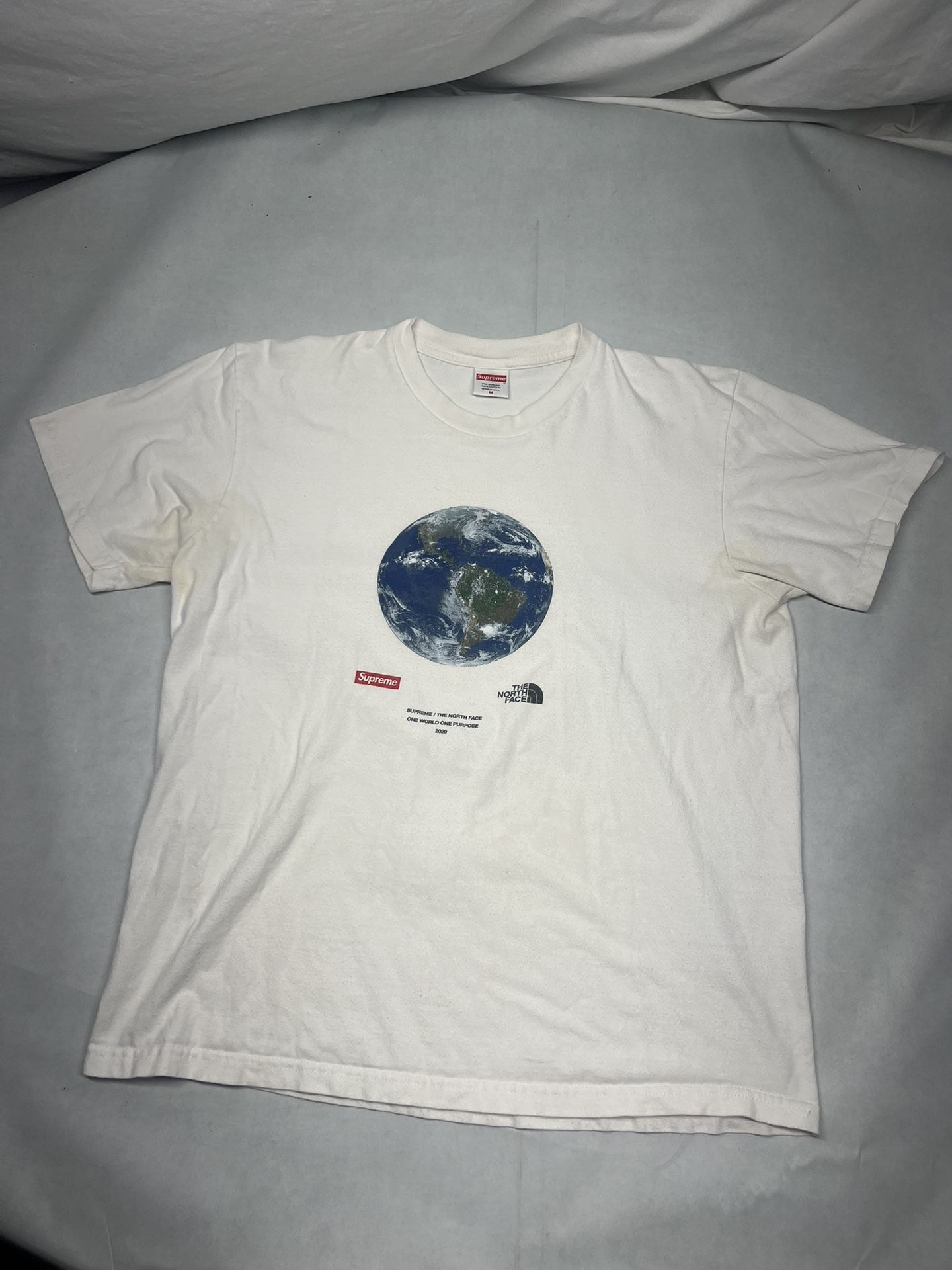 Supreme The North Face One World T-Shirt SS20 Size Medium stained pits yellowing damage.