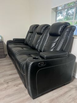 Black Leather Reclining Sofa with USB Port & Storage OBO