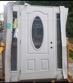 White Front Door with Sidelights and Oval Glass