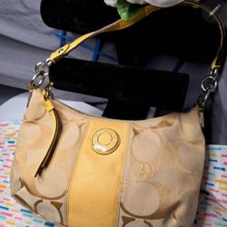 Coach Yellow Beige C Logo Print Shoukder Bag Handbag
