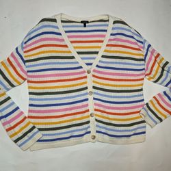 Talbots Rainbow Multi Colour V NEck Button Down Cardigan Cable Knit Sweater