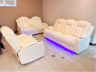 White Power Reclining Couch 3-Pc Set — Sofa • Loveseat • Chair