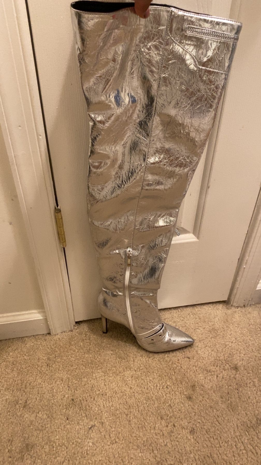 Silver Thigh High Heel Boot