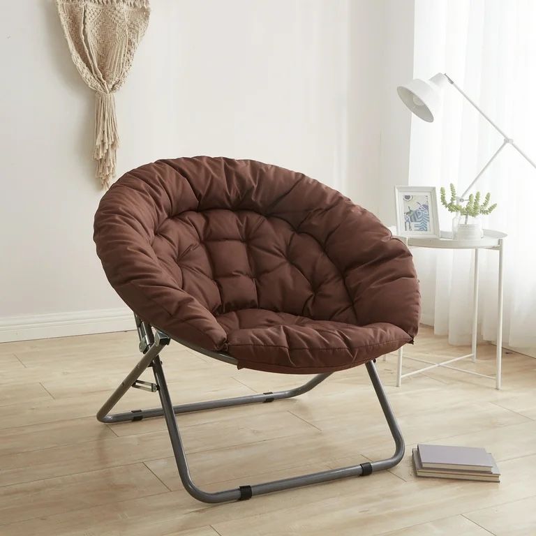 Folding Saucer Chair, Lazy Moon Chair with Metal Frame, Brown