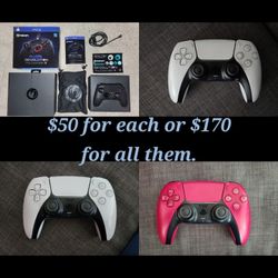 Three PS5 DuelSense Wireless Controllers and One PS4 Nacon Revolution Pro Controller