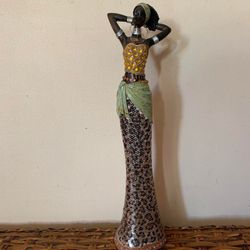 African Woman Statue, Melanated Woman Figure, 15" Tribal Art Figurine Sculpture, 15" Tribal Art Sculpture w/ Sequins & Rhinestones, Home Decor