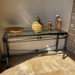 Wrought Iron Console Table, Maitland Smith Chairs, Accessories