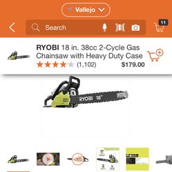 RYOBI 18 INCHES CHAINSAW 2 CICLE GAS WITH HEAVY DUTY CASE BRAND NEW 