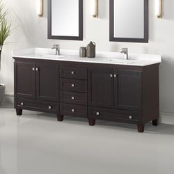 SINTERED STONE TOP DOUBLE SINK BATHROOM VANITY CABINET WHITE ESPRESSO FINISH