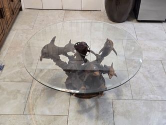 Solid wood sculpture glass table