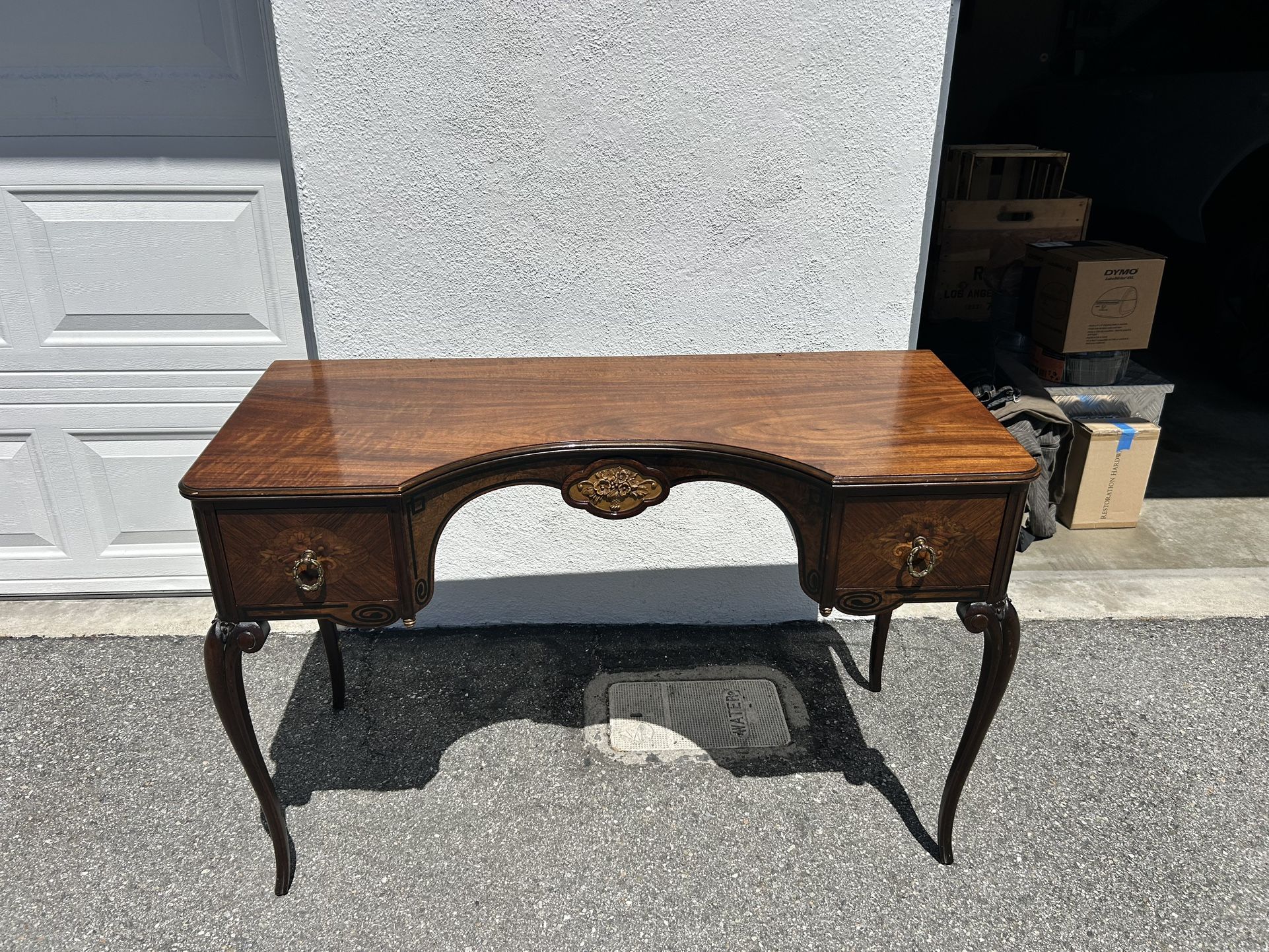 Vintage Johnson Furniture Co. Chippendale Desk / Console Table / Vanity – Solid Wood, Brass Pulls, 1930s