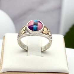 Vintage https://offerup.com/redirect/?o=Qy5DTw==. Sterling silver and 10k gold leafs ring inlay multicolor size # 6 
