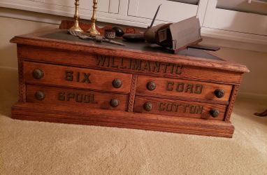 Antique American Oak Mercantile Country Store Desk Spool Cabinet, Willimantic, circa 1890