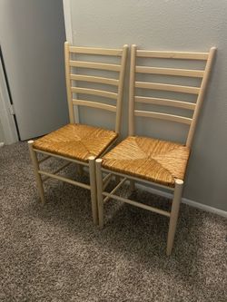 2pc 37” Tall Italian ladderback chairs featuring light wood frames and woven rush seats