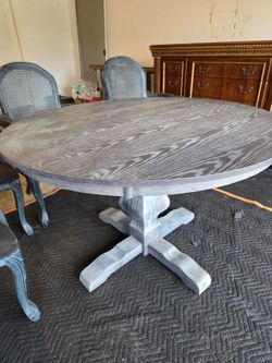 French Country Round Pedestal Dining Set Table & 4 Cane-Back Armchairs & Custom Table Cover.