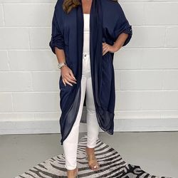 Silky Lightweight Loose V-neck Cardigan with Sheer Accents, Navy, 2X (14/16), NEW