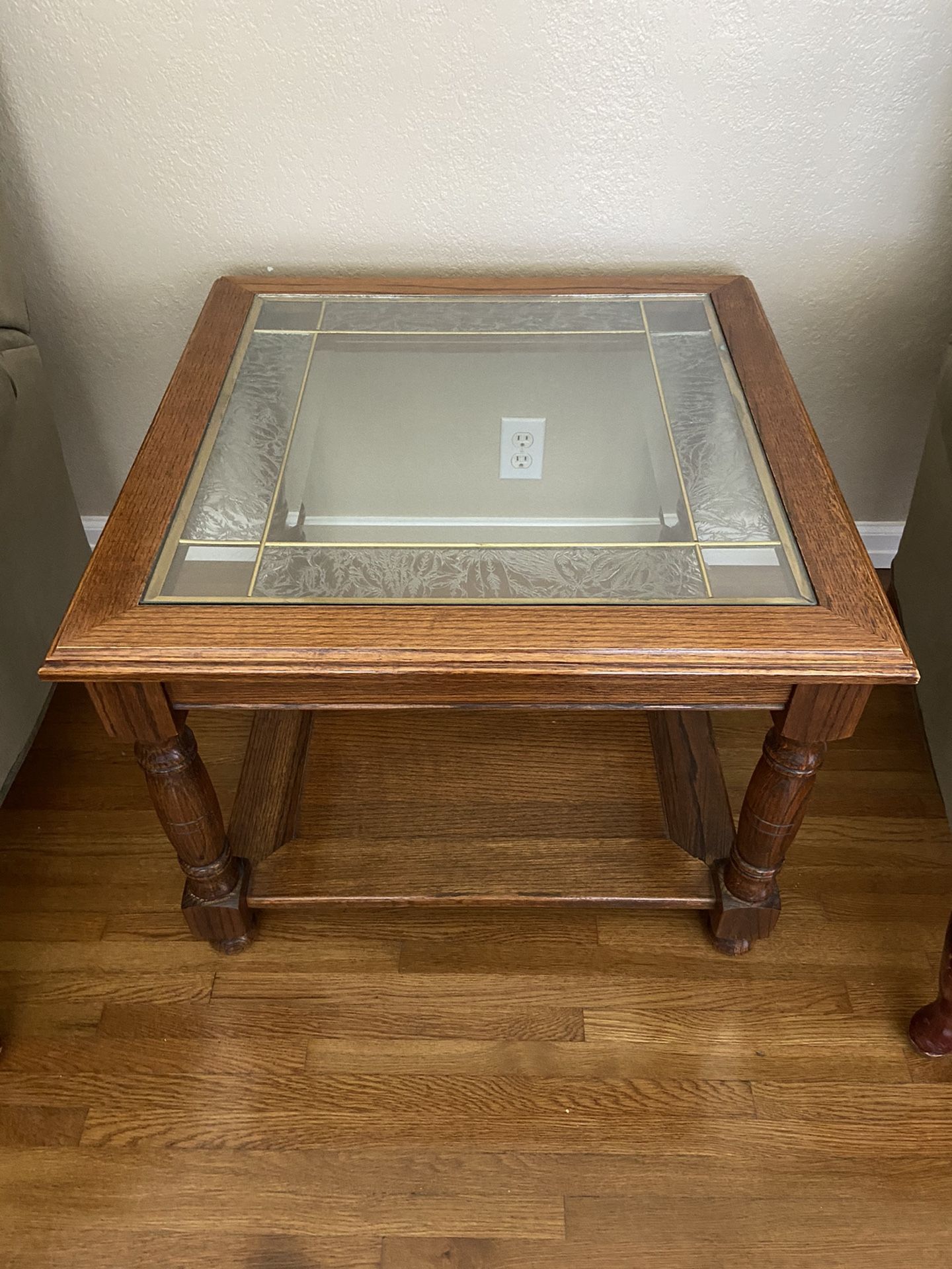 3 solid oak glass inlaid end tables