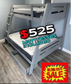 Twin/Full Gray Bunk bed w. Drawers & Ortho Mattresses Included