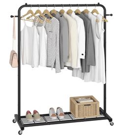 Clothing Rack on Wheels with Mesh Storage Shelf & Sturdy Metal Frame, Rolling Garment Rack for Hanging Clothes, Coats, Skirts, 39.76" L x 16" W x 64.5