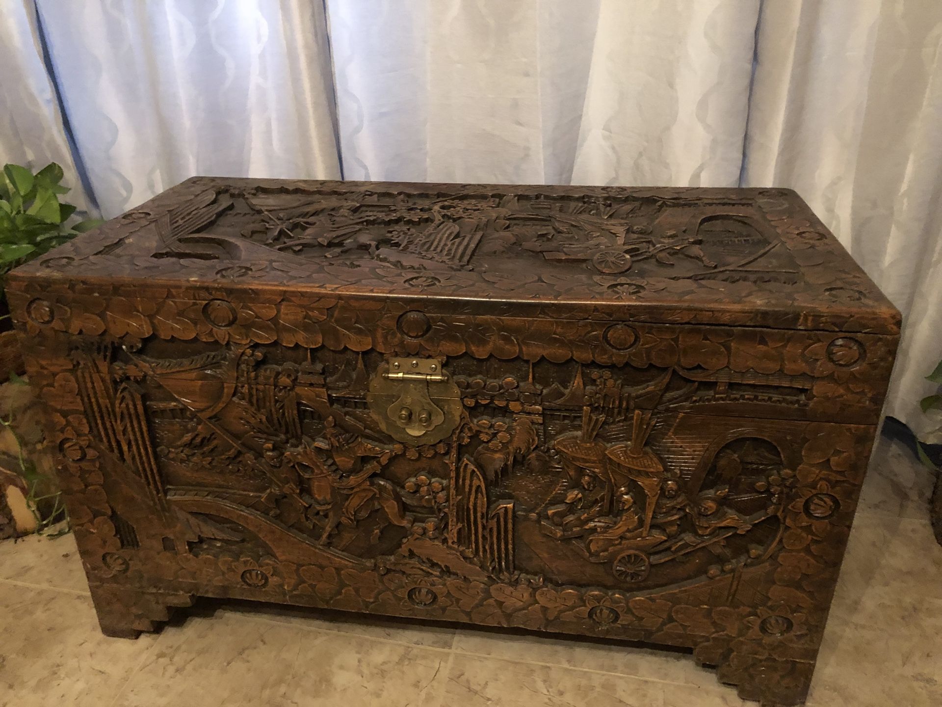 ANTIQUE WOODEN HAND CARVED YU TING GOOD LUCK CHEST, HONG KONG