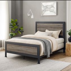 Queen Industrial Wood and Metal Panel Bed in Gray Wash