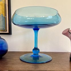 Vintage MCM Peacock Blue Glass Pedestal Compote