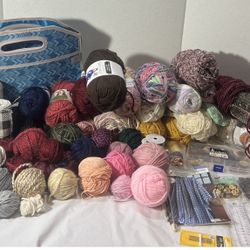 Collection of various yarns, Assorted Chunky and craft materials, includes storage bag.
