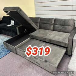 81.5"W Dark Gray Velvet Reversible Sleeper Sectional Sofa with Storage Chaise and Side Pocket