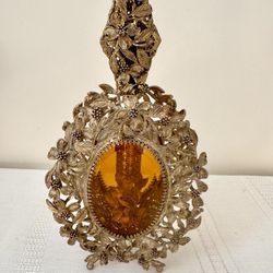 Veg 1960s Gold Filigree Ormolu Perfume Bottle W/ Dropper + Beveled Amber 10.5”