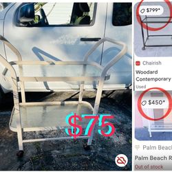 $75 Vintage aluminum Large Garden 🪴 Cart in wheels 2 tiers glass sold as is may need fresh paint