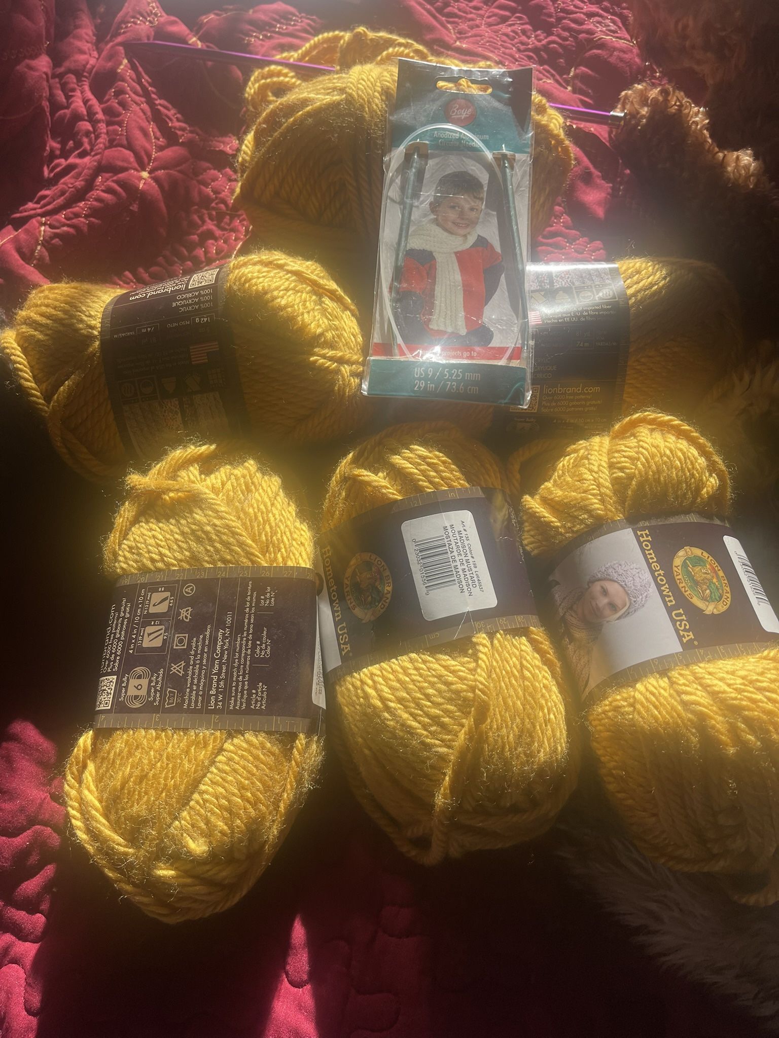 Lions Brand Madison Mustard Lot Of 5 New Yarns Plus Needle 