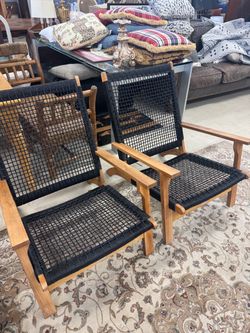 Pair of Wood Frame Rope Woven Lounge Chairs