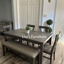 (New) Grey Dining Table With Four Matching Chairs And Bench..(Check Out My Profile) $400