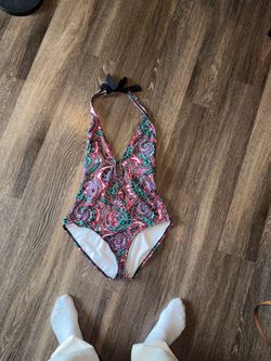 Size 12 Liz Claiborne Red, Teal & Black Paisley One-Piece Swimsuit