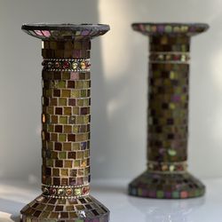 Vintage Pier 1 Imports Iridescent Mosaic Glass Pillar Candle Holder Pair / Set