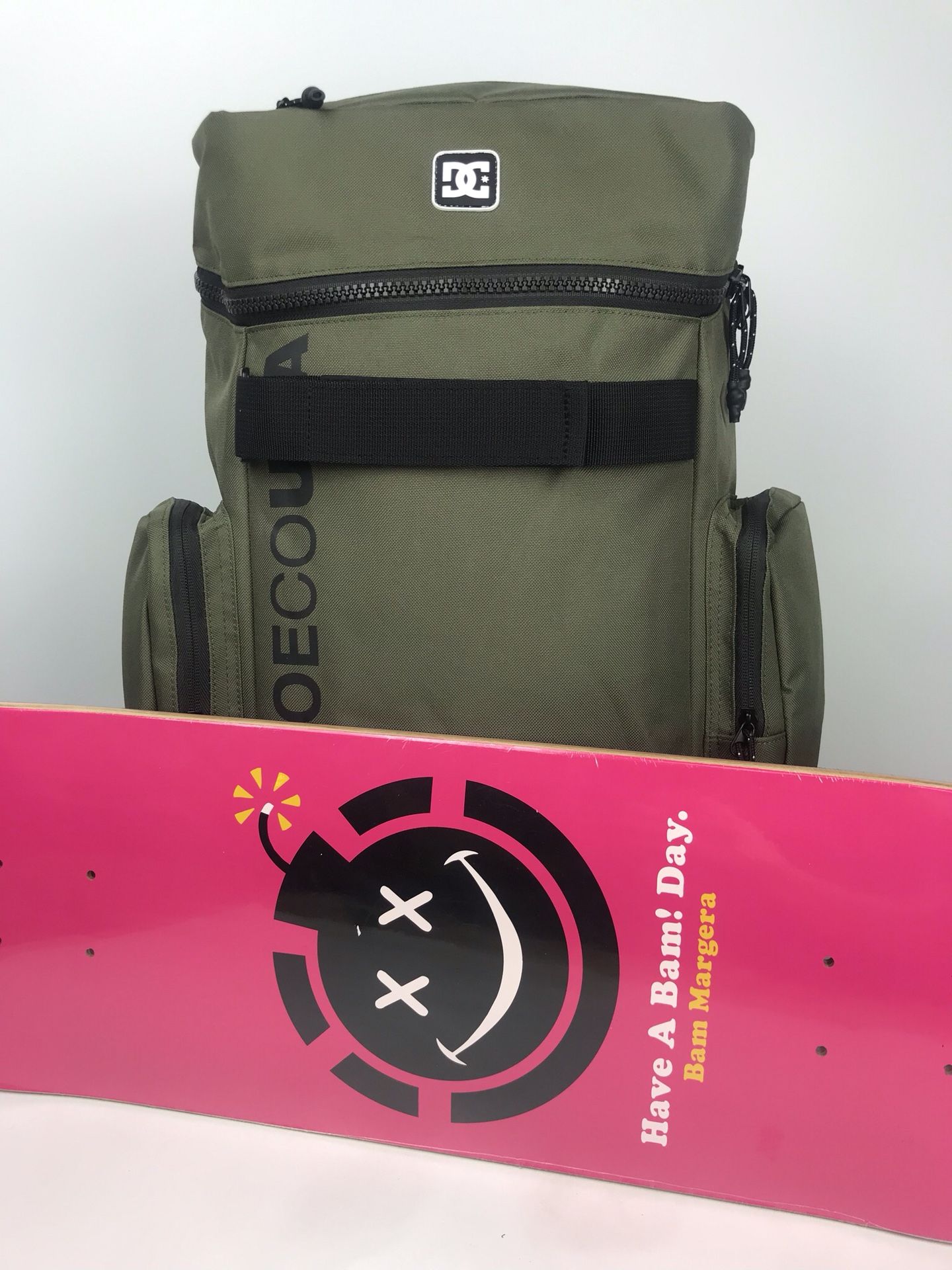 DC Shoe Co. Top Dunker Green Backpack + Bam Margera Skateboard Deck - Brand New 25th Anniversary Skate Deck for Bam Margera!