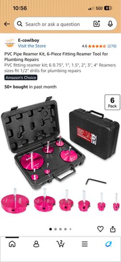 PVC Pipe Reamer Kit, 6-Piece Fitting Reamer Tool for Plumbing Repairs PVC fitting reamer kit; 6 0.75", 1", 1.5", 2", 3", 4" Reamers sizes fit 1/2" dri