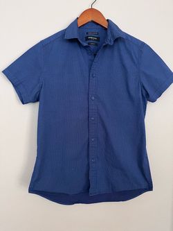 Kenneth Cole NY Blue Micro Dot Geometric Slim Fit Short Sleeve Shirt Size Small